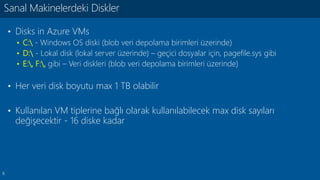 5
• Disks in Azure VMs
• C: - Windows OS diski (blob veri depolama birimleri üzerinde)
• D: - Lokal disk (lokal server üzerinde) – geçici dosyalar için, pagefile.sys gibi
• E:, F:, gibi – Veri diskleri (blob veri depolama birimleri üzerinde)
• Her veri disk boyutu max 1 TB olabilir
• Kullanılan VM tiplerine bağlı olarak kullanılabilecek max disk sayıları
değişecektir - 16 diske kadar
Sanal Makinelerdeki Diskler
 