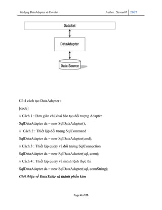 Sử dụng DataAdapter và DataSet                            Author : Xcross87   2007




Có 4 cách tạo DataAdapter :

[code]

// Cách 1 : Đơn giản chỉ khai báo tạo đối tượng Adapter

SqlDataAdapter da = new SqlDataAdapter();

// Cách 2 : Thiết lập đối tượng SqlCommand

SqlDataAdapter da = new SqlDataAdapter(cmd);

// Cách 3 : Thiết lập query và đối tượng SqlConnection

SqlDataAdapter da = new SqlDataAdaoter(sql, conn);

// Cách 4 : Thiết lập query và mệnh lệnh thực thi

SqlDataAdapter da = new SqlDataAdapter(sql, connString);

Giới thiệu về DataTable và thành phần kèm



                                     Page 4 of 25
 