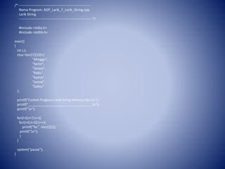 /* ----------------------------------------------------------------
Nama Program: ADP_Larik_7_Larik_String.cpp
Larik String
---------------------------------------------------------------- */
#include <stdio.h>
#include <stdlib.h>
main()
{
int I,J;
char Hari[7][10]={
"Minggu",
"Senin",
"Selasa",
"Rabu",
"Kamis",
"Jumat",
"Sabtu"
};
printf("Contoh Program Larik String Dimensi Satun");
printf("__________________________________n");
printf("n");
for(I=0;I<7;I++){
for(J=0;J<10;J++){
printf("%c", Hari[I][J]);
printf("n");
}
}
system("pause");
}
 