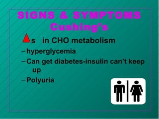 SIGNS & SYMPTOMS
Cushing’s
s in CHO metabolism
–hyperglycemia
–Can get diabetes-insulin can’t keep
up
–Polyuria
 