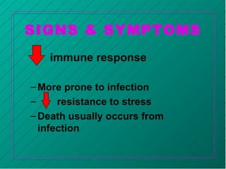 SIGNS & SYMPTOMS
immune response
–More prone to infection
– resistance to stress
–Death usually occurs from
infection
 