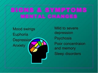 SIGNS & SYMPTOMS
MENTAL CHANGES
Mood swings
Euphoria
Depression
Anxiety
Mild to severe
depression
Psychosis
Poor concentraion
and memory
Sleep disorders
 