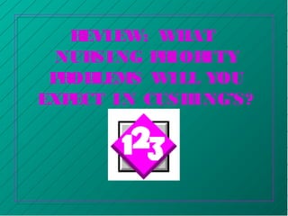 REVIEW: WHAT
NURSING PRIORITY
PROBLEMS WILL YOU
EXPECT IN CUSHING’S?
 