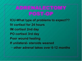 ADRENALECTOMY
POST-OP
ICU-What type of problems to expect??
IV cortisol for 24 hours
IM cortisol 2nd day
PO cortisol 3rd day
Poor wound healing
If unilateral- steroids weaned
– other adrenal takes over 6-12 months
 