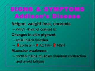 SIGNS & SYMPTOMS
Addison’s Disease
fatigue, weight loss, anorexia
– Why? think of cortisol fx
Changes in skin pigment
– small black freckles
– cortisol -- ACTH-- MSH
Muscular weakness
– cortisol helps muscles maintain contraction
and avoid fatigue
 