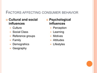 FACTORS AFFECTING CONSUMER BEHAVIOR
   Cultural and social       Psychological
    influences                 influences
       Culture                   Perception
       Social Class              Learning
       Reference groups          Motives
       Family                    Attitudes
       Demograhics               Lifestyles
       Geography
 