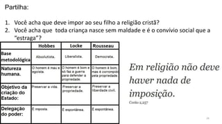29
Partilha:
1. Você acha que deve impor ao seu filho a religião cristã?
2. Você acha que toda criança nasce sem maldade e é o convívio social que a
“estraga”?
 