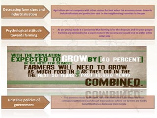 Unstable policies of
government
• The promises made by the govt. before the elections fades away wid their
comissioningMinisters launch such trade policies where the farmers are hardly
benefitted,hence decreases their morale
Psychological attitude
towards farming
Agriculture sector competes with other sectors for land when the economy moves towards
industrialisation and production cost in the neighbouring countries is cheaper
Decreasing farm sizes and
industrialisation
• As per young minds it is concerned that farming is for the dropouts and for poor people
• Farmers are believed to be a lower strata of the society and would love to prefer white
collar jobs .
 