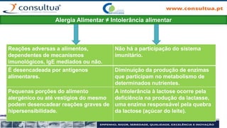 Alergia Alimentar ≠ Intolerância alimentar
Reações adversas a alimentos,
dependentes de mecanismos
imunológicos, IgE mediados ou não.
Não há a participação do sistema
imunitário.
É desencadeada por antígenos
alimentares.
Diminuição da produção de enzimas
que participam no metabolismo de
determinados nutrientes.
Pequenas porções do alimento
alergénico ou até vestígios do mesmo
podem desencadear reações graves de
hipersensibilidade.
A intolerância à lactose ocorre pela
deficiência na produção da lactasse,
uma enzima responsável pela quebra
da lactose (açúcar do leite).
 