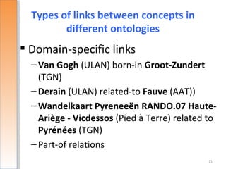 Types of links between concepts in
         different ontologies
 Domain-specific links
  – Van Gogh (ULAN) born-in Groot-Zundert
    (TGN)
  – Derain (ULAN) related-to Fauve (AAT))
  – Wandelkaart Pyreneeën RANDO.07 Haute-
    Ariège - Vicdessos (Pied à Terre) related to
    Pyrénées (TGN)
  – Part-of relations
                                              21
 