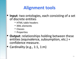 Alignment tools
 Input: two ontologies, each consisting of a set
  of discrete entities
     •   HTML table headers
     •   XML elements
     •   Classes
     •   Properties
 Output: relationships holding between these
  entities (equivalence, subsumption, etc.) +
  confidence measure.
 Cardinality (e.g., 1:1, 1:m)

                                               23
 