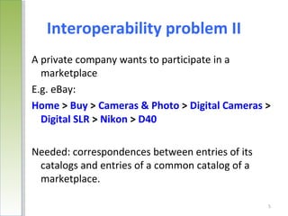 Interoperability problem II
A private company wants to participate in a
  marketplace
E.g. eBay:
Home > Buy > Cameras & Photo > Digital Cameras >
  Digital SLR > Nikon > D40

Needed: correspondences between entries of its
 catalogs and entries of a common catalog of a
 marketplace.

                                                 5
 