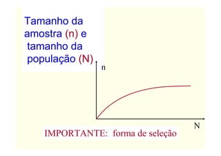 Tamanho da
amostra (n) e
tamanho da
população (N)
                n




                                  N
   IMPORTANTE: forma de seleção
 