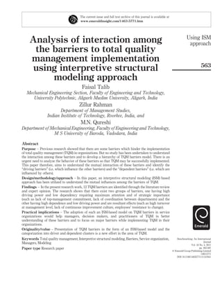The current issue and full text archive of this journal is available at
                                         www.emeraldinsight.com/1463-5771.htm




                                                                                                                                Using ISM
     Analysis of interaction among                                                                                               approach
      the barriers to total quality
     management implementation
                                                                                                                                            563
      using interpretive structural
          modeling approach
                                          Faisal Talib
   Mechanical Engineering Section, Faculty of Engineering and Technology,
      University Polytechnic, Aligarh Muslim University, Aligarh, India
                                        Zillur Rahman
                        Department of Management Studies,
                 Indian Institute of Technology, Roorkee, India, and
                                         M.N. Qureshi
Department of Mechanical Engineering, Faculty of Engineering and Technology,
               M S University of Baroda, Vadodara, India

Abstract
Purpose – Previous research showed that there are some barriers which hinder the implementation
of total quality management (TQM) in organizations. But no study has been undertaken to understand
the interaction among these barriers and to develop a hierarchy of TQM barriers model. There is an
urgent need to analyze the behavior of these barriers so that TQM may be successfully implemented.
This paper therefore, aims to understand the mutual interaction of these barriers and identify the
“driving barriers” (i.e. which inﬂuence the other barriers) and the “dependent barriers” (i.e. which are
inﬂuenced by others).
Design/methodology/approach – In this paper, an interpretive structural modeling (ISM) based
approach has been utilized to understand the mutual inﬂuences among the barriers of TQM.
Findings – In the present research work, 12 TQM barriers are identiﬁed through the literature review
and expert opinion. The research shows that there exist two groups of barriers, one having high
driving power and low dependency requiring maximum attention and of strategic importance
(such as lack of top-management commitment, lack of coordination between departments) and the
other having high dependence and low driving power and are resultant effects (such as high turnover
at management level, lack of continuous improvement culture, employees’ resistance to change).
Practical implications – The adoption of such an ISM-based model on TQM barriers in service
organizations would help managers, decision makers, and practitioners of TQM in better
understanding of these barriers and to focus on major barriers while implementing TQM in their
organizations.
Originality/value – Presentation of TQM barriers in the form of an ISM-based model and the
categorization into driver and dependent clusters is a new effort in the area of TQM.
Keywords Total quality management, Interpretive structural modeling, Barriers, Service organization,                  Benchmarking: An International
Managers, Modeling                                                                                                                             Journal
                                                                                                                                   Vol. 18 No. 4, 2011
Paper type Research paper                                                                                                                  pp. 563-587
                                                                                                                   q Emerald Group Publishing Limited
                                                                                                                                            1463-5771
                                                                                                                      DOI 10.1108/14635771111147641
 