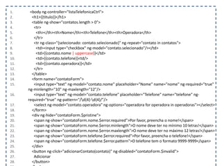 1. <body ng-controller="listaTelefonicaCtrl">
2. <h1>{{titulo}}</h1>
3. <table ng-show="contatos.length > 0">
4. <tr>
5. <th></th><th>Nome</th><th>Telefone</th><th>Operadora</th>
6. </tr>
7. <tr ng-class="{selecionado: contato.selecionado}" ng-repeat="contato in contatos">
8. <td><input type="checkbox" ng-model="contato.selecionado"/></td>
9. <td>{{contato.nome | uppercase}}</td>
10. <td>{{contato.telefone}}<td/>
11. <td>{{contato.operadora}}</td>
12. </tr>
13. </table>
14. <form name="contatoForm">
15. <input type="text" ng-model="contato.nome" placeholder="Nome" name="nome" ng-required="true"
ng-minlength="10" ng-maxlength="12"/>
16. <input type="text" ng-model="contato.telefone" placeholder="Telefone" name="telefone" ng-
required="true" ng-pattern="/d{4}-d{4}/"/>
17. <select ng-model="contato.operadora" ng-options="operadora for operadora in operadoras"></select>
18. </form>
19. <div ng-hide="contatoForm.$pristine">
20. <span ng-show="contatoForm.nome.$error.required">Por favor, preencha o nome!</span>
21. <span ng-show="contatoForm.nome.$error.minlength">O nome deve ter no mínimo 10 letras!</span>
22. <span ng-show="contatoForm.nome.$error.maxlength">O nome deve ter no máximo 12 letras!</span>
23. <span ng-show="contatoForm.telefone.$error.required">Por favor, preencha o telefone!</span>
24. <span ng-show="contatoForm.telefone.$error.pattern">O telefone tem o formato 9999-9999</span>
25. </div>
26. <button ng-click="adicionarContato(contato)" ng-disabled="contatoForm.$invalid">
27. Adicionar
28. </button>
 