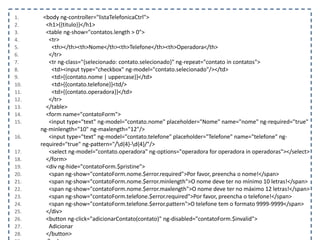 1. <body ng-controller="listaTelefonicaCtrl">
2. <h1>{{titulo}}</h1>
3. <table ng-show="contatos.length > 0">
4. <tr>
5. <th></th><th>Nome</th><th>Telefone</th><th>Operadora</th>
6. </tr>
7. <tr ng-class="{selecionado: contato.selecionado}" ng-repeat="contato in contatos">
8. <td><input type="checkbox" ng-model="contato.selecionado"/></td>
9. <td>{{contato.nome | uppercase}}</td>
10. <td>{{contato.telefone}}<td/>
11. <td>{{contato.operadora}}</td>
12. </tr>
13. </table>
14. <form name="contatoForm">
15. <input type="text" ng-model="contato.nome" placeholder="Nome" name="nome" ng-required="true"
ng-minlength="10" ng-maxlength="12"/>
16. <input type="text" ng-model="contato.telefone" placeholder="Telefone" name="telefone" ng-
required="true" ng-pattern="/d{4}-d{4}/"/>
17. <select ng-model="contato.operadora" ng-options="operadora for operadora in operadoras"></select>
18. </form>
19. <div ng-hide="contatoForm.$pristine">
20. <span ng-show="contatoForm.nome.$error.required">Por favor, preencha o nome!</span>
21. <span ng-show="contatoForm.nome.$error.minlength">O nome deve ter no mínimo 10 letras!</span>
22. <span ng-show="contatoForm.nome.$error.maxlength">O nome deve ter no máximo 12 letras!</span>
23. <span ng-show="contatoForm.telefone.$error.required">Por favor, preencha o telefone!</span>
24. <span ng-show="contatoForm.telefone.$error.pattern">O telefone tem o formato 9999-9999</span>
25. </div>
26. <button ng-click="adicionarContato(contato)" ng-disabled="contatoForm.$invalid">
27. Adicionar
28. </button>
 
