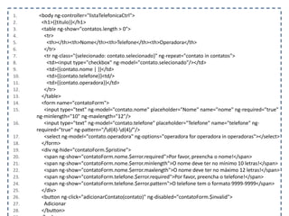 1. <body ng-controller="listaTelefonicaCtrl">
2. <h1>{{titulo}}</h1>
3. <table ng-show="contatos.length > 0">
4. <tr>
5. <th></th><th>Nome</th><th>Telefone</th><th>Operadora</th>
6. </tr>
7. <tr ng-class="{selecionado: contato.selecionado}" ng-repeat="contato in contatos">
8. <td><input type="checkbox" ng-model="contato.selecionado"/></td>
9. <td>{{contato.nome | }}</td>
10. <td>{{contato.telefone}}<td/>
11. <td>{{contato.operadora}}</td>
12. </tr>
13. </table>
14. <form name="contatoForm">
15. <input type="text" ng-model="contato.nome" placeholder="Nome" name="nome" ng-required="true"
ng-minlength="10" ng-maxlength="12"/>
16. <input type="text" ng-model="contato.telefone" placeholder="Telefone" name="telefone" ng-
required="true" ng-pattern="/d{4}-d{4}/"/>
17. <select ng-model="contato.operadora" ng-options="operadora for operadora in operadoras"></select>
18. </form>
19. <div ng-hide="contatoForm.$pristine">
20. <span ng-show="contatoForm.nome.$error.required">Por favor, preencha o nome!</span>
21. <span ng-show="contatoForm.nome.$error.minlength">O nome deve ter no mínimo 10 letras!</span>
22. <span ng-show="contatoForm.nome.$error.maxlength">O nome deve ter no máximo 12 letras!</span>
23. <span ng-show="contatoForm.telefone.$error.required">Por favor, preencha o telefone!</span>
24. <span ng-show="contatoForm.telefone.$error.pattern">O telefone tem o formato 9999-9999</span>
25. </div>
26. <button ng-click="adicionarContato(contato)" ng-disabled="contatoForm.$invalid">
27. Adicionar
28. </button>
 
