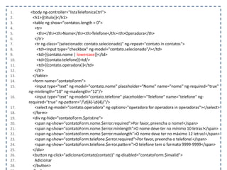 1. <body ng-controller="listaTelefonicaCtrl">
2. <h1>{{titulo}}</h1>
3. <table ng-show="contatos.length > 0">
4. <tr>
5. <th></th><th>Nome</th><th>Telefone</th><th>Operadora</th>
6. </tr>
7. <tr ng-class="{selecionado: contato.selecionado}" ng-repeat="contato in contatos">
8. <td><input type="checkbox" ng-model="contato.selecionado"/></td>
9. <td>{{contato.nome | lowercase}}</td>
10. <td>{{contato.telefone}}<td/>
11. <td>{{contato.operadora}}</td>
12. </tr>
13. </table>
14. <form name="contatoForm">
15. <input type="text" ng-model="contato.nome" placeholder="Nome" name="nome" ng-required="true"
ng-minlength="10" ng-maxlength="12"/>
16. <input type="text" ng-model="contato.telefone" placeholder="Telefone" name="telefone" ng-
required="true" ng-pattern="/d{4}-d{4}/"/>
17. <select ng-model="contato.operadora" ng-options="operadora for operadora in operadoras"></select>
18. </form>
19. <div ng-hide="contatoForm.$pristine">
20. <span ng-show="contatoForm.nome.$error.required">Por favor, preencha o nome!</span>
21. <span ng-show="contatoForm.nome.$error.minlength">O nome deve ter no mínimo 10 letras!</span>
22. <span ng-show="contatoForm.nome.$error.maxlength">O nome deve ter no máximo 12 letras!</span>
23. <span ng-show="contatoForm.telefone.$error.required">Por favor, preencha o telefone!</span>
24. <span ng-show="contatoForm.telefone.$error.pattern">O telefone tem o formato 9999-9999</span>
25. </div>
26. <button ng-click="adicionarContato(contato)" ng-disabled="contatoForm.$invalid">
27. Adicionar
28. </button>
 