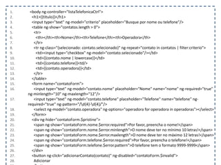 1. <body ng-controller="listaTelefonicaCtrl">
2. <h1>{{titulo}}</h1>
3. <input type="text" ng-model="criterio" placeholder="Busque por nome ou telefone"/>
4. <table ng-show="contatos.length > 0">
5. <tr>
6. <th></th><th>Nome</th><th>Telefone</th><th>Operadora</th>
7. </tr>
8. <tr ng-class="{selecionado: contato.selecionado}" ng-repeat="contato in contatos | filter:criterio">
9. <td><input type="checkbox" ng-model="contato.selecionado"/></td>
10. <td>{{contato.nome | lowercase}}</td>
11. <td>{{contato.telefone}}<td/>
12. <td>{{contato.operadora}}</td>
13. </tr>
14. </table>
15. <form name="contatoForm">
16. <input type="text" ng-model="contato.nome" placeholder="Nome" name="nome" ng-required="true"
ng-minlength="10" ng-maxlength="12"/>
17. <input type="text" ng-model="contato.telefone" placeholder="Telefone" name="telefone" ng-
required="true" ng-pattern="/d{4}-d{4}/"/>
18. <select ng-model="contato.operadora" ng-options="operadora for operadora in operadoras"></select>
19. </form>
20. <div ng-hide="contatoForm.$pristine">
21. <span ng-show="contatoForm.nome.$error.required">Por favor, preencha o nome!</span>
22. <span ng-show="contatoForm.nome.$error.minlength">O nome deve ter no mínimo 10 letras!</span>
23. <span ng-show="contatoForm.nome.$error.maxlength">O nome deve ter no máximo 12 letras!</span>
24. <span ng-show="contatoForm.telefone.$error.required">Por favor, preencha o telefone!</span>
25. <span ng-show="contatoForm.telefone.$error.pattern">O telefone tem o formato 9999-9999</span>
26. </div>
27. <button ng-click="adicionarContato(contato)" ng-disabled="contatoForm.$invalid">
28. Adicionar
 