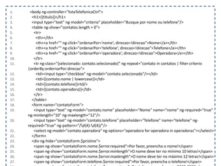 1. <body ng-controller="listaTelefonicaCtrl">
2. <h1>{{titulo}}</h1>
3. <input type="text" ng-model="criterio" placeholder="Busque por nome ou telefone"/>
4. <table ng-show="contatos.length > 0">
5. <tr>
6. <th></th>
7. <th><a href="" ng-click="ordenarPor='nome'; direcao=!direcao">Nome</a></th>
8. <th><a href="" ng-click="ordenarPor='telefone'; direcao=!direcao">Telefone</a></th>
9. <th><a href="" ng-click="ordenarPor='operadora'; direcao=!direcao">Operadora</a></th>
10. </tr>
11. <tr ng-class="{selecionado: contato.selecionado}" ng-repeat="contato in contatos | filter:criterio
|orderBy:ordernarPor:direcao">
12. <td><input type="checkbox" ng-model="contato.selecionado"/></td>
13. <td>{{contato.nome | lowercase}}</td>
14. <td>{{contato.telefone}}<td/>
15. <td>{{contato.operadora}}</td>
16. </tr>
17. </table>
18. <form name="contatoForm">
19. <input type="text" ng-model="contato.nome" placeholder="Nome" name="nome" ng-required="true"
ng-minlength="10" ng-maxlength="12"/>
20. <input type="text" ng-model="contato.telefone" placeholder="Telefone" name="telefone" ng-
required="true" ng-pattern="/d{4}-d{4}/"/>
21. <select ng-model="contato.operadora" ng-options="operadora for operadora in operadoras"></select>
22. </form>
23. <div ng-hide="contatoForm.$pristine">
24. <span ng-show="contatoForm.nome.$error.required">Por favor, preencha o nome!</span>
25. <span ng-show="contatoForm.nome.$error.minlength">O nome deve ter no mínimo 10 letras!</span>
26. <span ng-show="contatoForm.nome.$error.maxlength">O nome deve ter no máximo 12 letras!</span>
27. <span ng-show="contatoForm.telefone.$error.required">Por favor, preencha o telefone!</span>
 