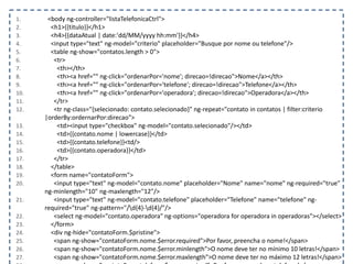 1. <body ng-controller="listaTelefonicaCtrl">
2. <h1>{{titulo}}</h1>
3. <h4>{{dataAtual | date:'dd/MM/yyyy hh:mm'}}</h4>
4. <input type="text" ng-model="criterio" placeholder="Busque por nome ou telefone"/>
5. <table ng-show="contatos.length > 0">
6. <tr>
7. <th></th>
8. <th><a href="" ng-click="ordenarPor='nome'; direcao=!direcao">Nome</a></th>
9. <th><a href="" ng-click="ordenarPor='telefone'; direcao=!direcao">Telefone</a></th>
10. <th><a href="" ng-click="ordenarPor='operadora'; direcao=!direcao">Operadora</a></th>
11. </tr>
12. <tr ng-class="{selecionado: contato.selecionado}" ng-repeat="contato in contatos | filter:criterio
|orderBy:ordernarPor:direcao">
13. <td><input type="checkbox" ng-model="contato.selecionado"/></td>
14. <td>{{contato.nome | lowercase}}</td>
15. <td>{{contato.telefone}}<td/>
16. <td>{{contato.operadora}}</td>
17. </tr>
18. </table>
19. <form name="contatoForm">
20. <input type="text" ng-model="contato.nome" placeholder="Nome" name="nome" ng-required="true"
ng-minlength="10" ng-maxlength="12"/>
21. <input type="text" ng-model="contato.telefone" placeholder="Telefone" name="telefone" ng-
required="true" ng-pattern="/d{4}-d{4}/"/>
22. <select ng-model="contato.operadora" ng-options="operadora for operadora in operadoras"></select>
23. </form>
24. <div ng-hide="contatoForm.$pristine">
25. <span ng-show="contatoForm.nome.$error.required">Por favor, preencha o nome!</span>
26. <span ng-show="contatoForm.nome.$error.minlength">O nome deve ter no mínimo 10 letras!</span>
27. <span ng-show="contatoForm.nome.$error.maxlength">O nome deve ter no máximo 12 letras!</span>
 