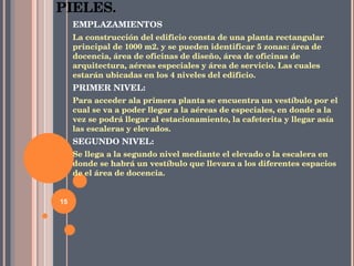 EMPLAZAMIENTOS   La construcción del edificio consta de una planta rectangular principal de 1000 m2. y se pueden identificar 5 zonas: área de docencia, área de oficinas de diseño, área de oficinas de arquitectura, aéreas especiales y área de servicio. Las cuales estarán ubicadas en los 4 niveles del edificio. PRIMER NIVEL: Para acceder ala primera planta se encuentra un vestíbulo por el cual se va a poder llegar a la aéreas de especiales, en donde a la vez se podrá llegar al estacionamiento, la cafeterita y llegar asía las escaleras y elevados. SEGUNDO NIVEL: Se llega a la segundo nivel mediante el elevado o la escalera en donde se habrá un vestíbulo que llevara a los diferentes espacios de el área de docencia. 6.4.-EMPLAZAMIENTOS, SOPORTES Y PIELES .  