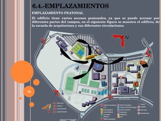 EMPLAZAMIENTO PEATONAL El edificio tiene varios accesos peatonales, ya que se puede accesar por diferentes partes del campus, en el siguiente figura se muestra el edificio, de la escuela de arquitectura y sus diferentes circulaciones. 6.4.-EMPLAZAMIENTOS 