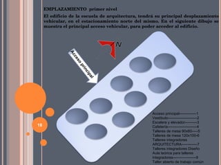 EMPLAZAMIENTO  primer nivel El edificio de la escuela de arquitectura, tendrá su principal desplazamiento vehicular, en el estacionamiento norte del mismo. En el siguiente dibujo se muestra el principal acceso vehicular, para poder acceder al edificio. Acceso principal Acceso principal--------------1 Vestíbulo------------------------2 Escalera y elevador----------3 Cafetería------------------------4 Talleres de mesa 90x60-----5 Talleres de mesa 120x100-6 Talleres integradores ARQUITECTURA-------------7 Talleres integradores Diseño Aula teórica para talleres integradores-------------------9 Taller abierto de trabajo común 