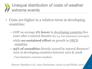 • Costs are higher in a relative-term in developing
countries:
– GDP on average 2% lower in developing countries five
years after a natural disaster (by e.g. low insurance coverage);
while no sustained effect on growth in OECD
countries
– 95% of casualties directly caused by natural disasters*
were in developing countries between 1970 & 2008
(*not limited to extreme weather)
3
Unequal distribution of costs of weather
extreme events
(Source: Handmer et al., 2012; Hochrainer, 2009; Lis and Nickel, 2010)
 