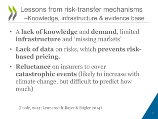 • A lack of knowledge and demand, limited
infrastructure and ‘missing markets’
• Lack of data on risks, which prevents risk-
based pricing.
• Reluctance on insurers to cover
catastrophic events (likely to increase with
climate change, but difficult to predict how
much)
7
Lessons from risk-transfer mechanisms
–Knowledge, infrastructure & evidence base
(Poole, 2014; Lynnerooth-Bayer & Stigler 2014)
 