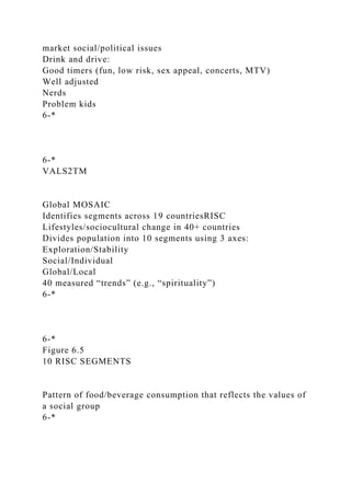 market social/political issues
Drink and drive:
Good timers (fun, low risk, sex appeal, concerts, MTV)
Well adjusted
Nerds
Problem kids
6-*
6-*
VALS2TM
Global MOSAIC
Identifies segments across 19 countriesRISC
Lifestyles/sociocultural change in 40+ countries
Divides population into 10 segments using 3 axes:
Exploration/Stability
Social/Individual
Global/Local
40 measured “trends” (e.g., “spirituality”)
6-*
6-*
Figure 6.5
10 RISC SEGMENTS
Pattern of food/beverage consumption that reflects the values of
a social group
6-*
 