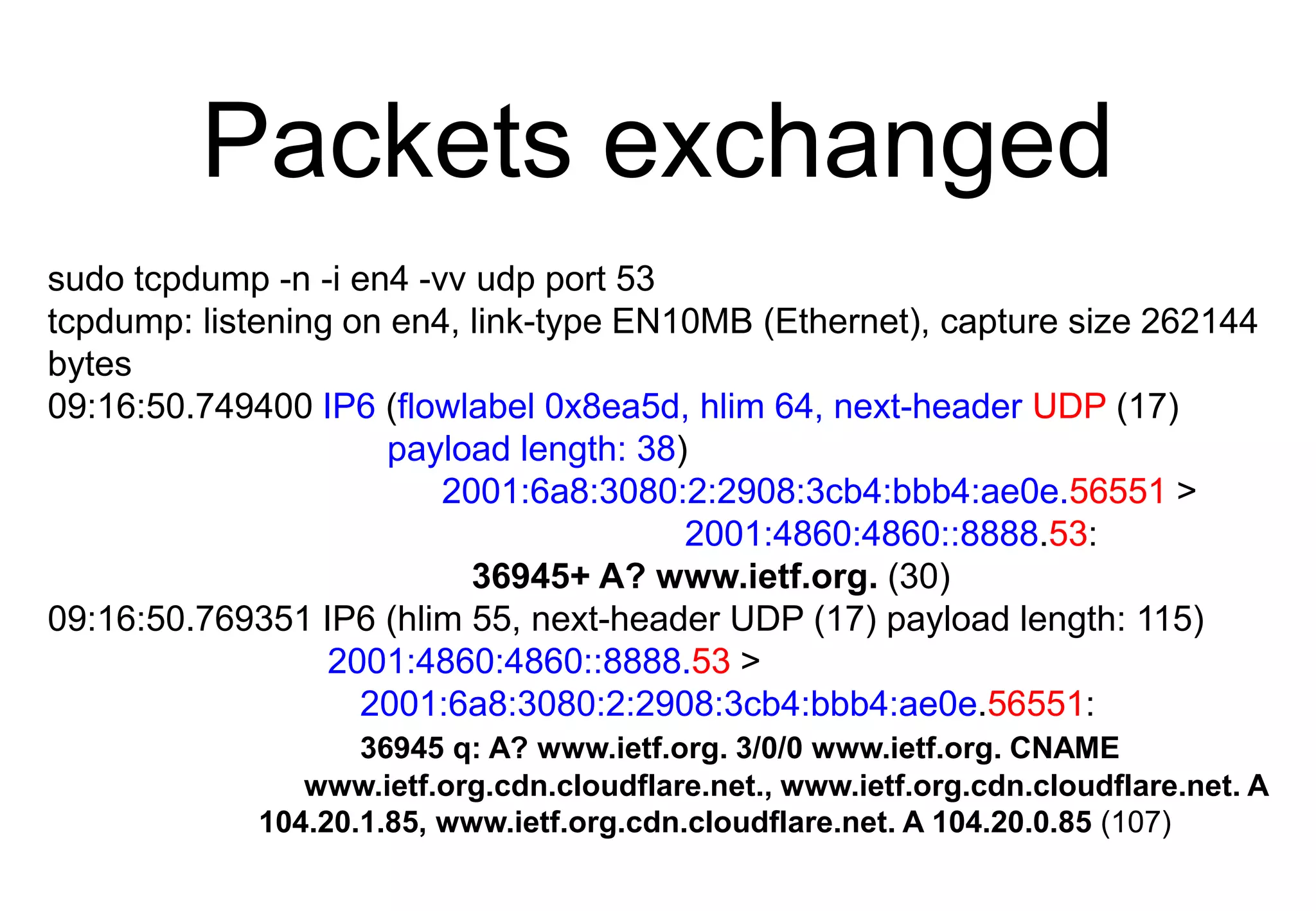 Packets exchanged
sudo tcpdump -n -i en4 -vv udp port 53
tcpdump: listening on en4, link-type EN10MB (Ethernet), capture size 262144
bytes
09:16:50.749400 IP6 (flowlabel 0x8ea5d, hlim 64, next-header UDP (17)
payload length: 38)
2001:6a8:3080:2:2908:3cb4:bbb4:ae0e.56551 >
2001:4860:4860::8888.53:
36945+ A? www.ietf.org. (30)
09:16:50.769351 IP6 (hlim 55, next-header UDP (17) payload length: 115)
2001:4860:4860::8888.53 >
2001:6a8:3080:2:2908:3cb4:bbb4:ae0e.56551:
36945 q: A? www.ietf.org. 3/0/0 www.ietf.org. CNAME
www.ietf.org.cdn.cloudflare.net., www.ietf.org.cdn.cloudflare.net. A
104.20.1.85, www.ietf.org.cdn.cloudflare.net. A 104.20.0.85 (107)
 