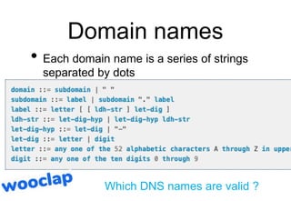Domain names
• Each domain name is a series of strings
separated by dots
Which DNS names are valid ?
 