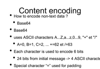 Content encoding
• How to encode non-text data ?
• Base64
• Base64
• uses ASCII characters A...Z,a...z,0...9, "+" et "/"
•...