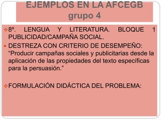 EJEMPLOS EN LA AFCEGB
grupo 4
8º. LENGUA Y LITERATURA. BLOQUE 1
PUBLICIDAD/CAMPAÑA SOCIAL.
 DESTREZA CON CRITERIO DE DESEMPEÑO:
“Producir campañas sociales y publicitarias desde la
aplicación de las propiedades del texto específicas
para la persuasión.”
FORMULACIÓN DIDÁCTICA DEL PROBLEMA:
 