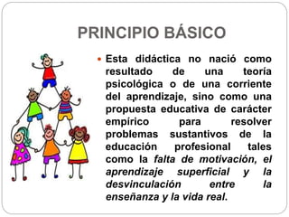 PRINCIPIO BÁSICO
 Esta didáctica no nació como
resultado de una teoría
psicológica o de una corriente
del aprendizaje, sino como una
propuesta educativa de carácter
empírico para resolver
problemas sustantivos de la
educación profesional tales
como la falta de motivación, el
aprendizaje superficial y la
desvinculación entre la
enseñanza y la vida real.
 