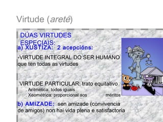 Virtude ( areté )‏ a) XUSTIZA:  2 acepcións:  -VIRTUDE INTEGRAL DO SER HUMANO que ten todas as virtudes VIRTUDE PARTICULAR: trato equitativo . Aritmética: todos iguais . Xeométrica: proporcional aos  méritos b) AMIZADE:   sen amizade (convivencia de amigos) non hai vida plena   e satisfactoria DÚAS VIRTUDES ESPECIAIS:   