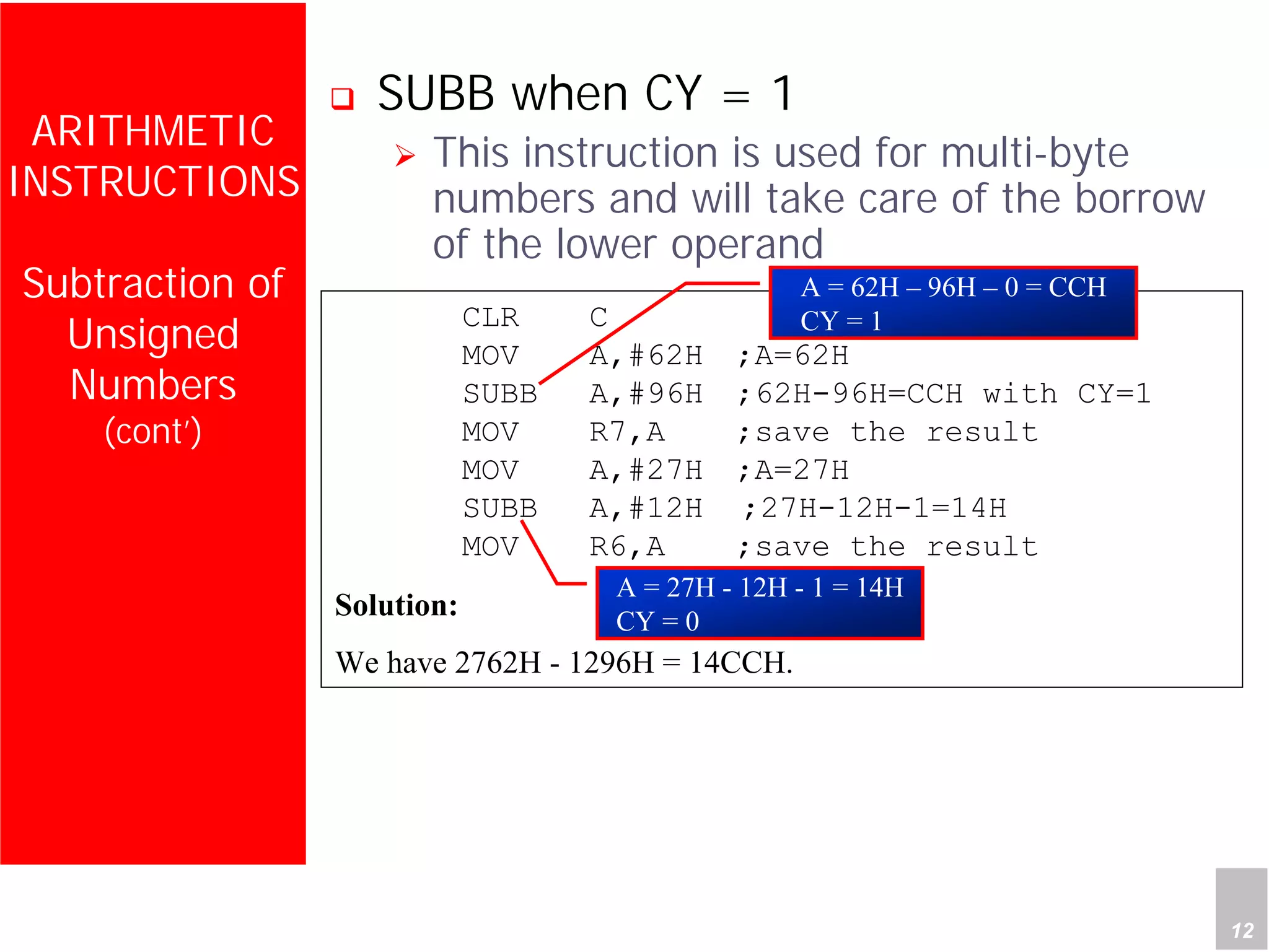 Department of Computer Science and Information Engineering
National Cheng Kung University, TAIWAN 12
HANEL
ARITHMETIC
INSTRUCTIONS
Subtraction of
Unsigned
Numbers
(cont’)
SUBB when CY = 1
This instruction is used for multi-byte
numbers and will take care of the borrow
of the lower operand
CLR C
MOV A,#62H ;A=62H
SUBB A,#96H ;62H-96H=CCH with CY=1
MOV R7,A ;save the result
MOV A,#27H ;A=27H
SUBB A,#12H ;27H-12H-1=14H
MOV R6,A ;save the result
Solution:
We have 2762H - 1296H = 14CCH.
A = 62H – 96H – 0 = CCH
CY = 1
A = 27H - 12H - 1 = 14H
CY = 0
 