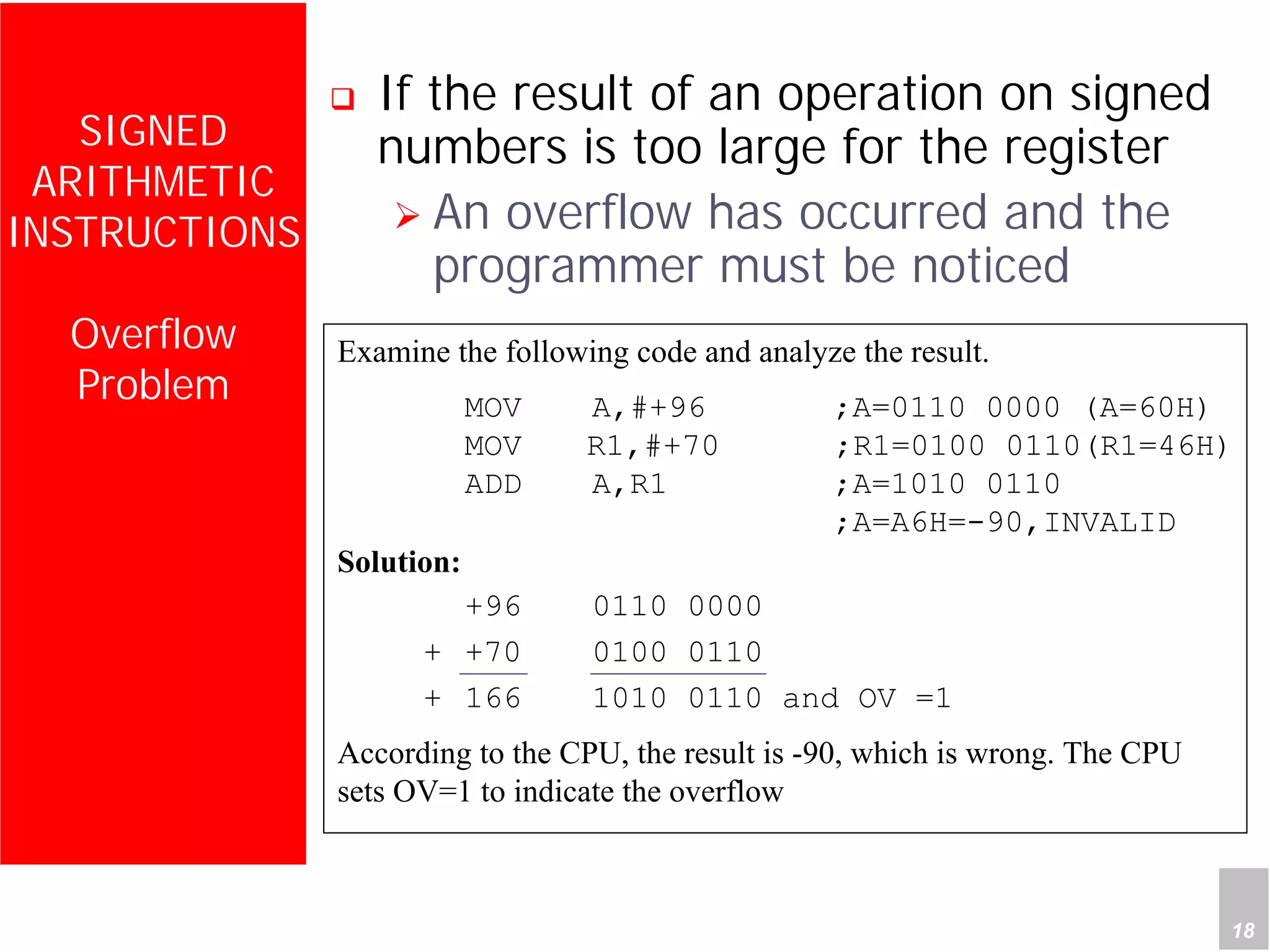 Department of Computer Science and Information Engineering
National Cheng Kung University, TAIWAN 18
HANEL
SIGNED
ARITHMETIC
INSTRUCTIONS
Overflow
Problem
Examine the following code and analyze the result.
MOV A,#+96 ;A=0110 0000 (A=60H)
MOV R1,#+70 ;R1=0100 0110(R1=46H)
ADD A,R1 ;A=1010 0110
;A=A6H=-90,INVALID
Solution:
+96 0110 0000
+ +70 0100 0110
+ 166 1010 0110 and OV =1
According to the CPU, the result is -90, which is wrong. The CPU
sets OV=1 to indicate the overflow
If the result of an operation on signed
numbers is too large for the register
An overflow has occurred and the
programmer must be noticed
 