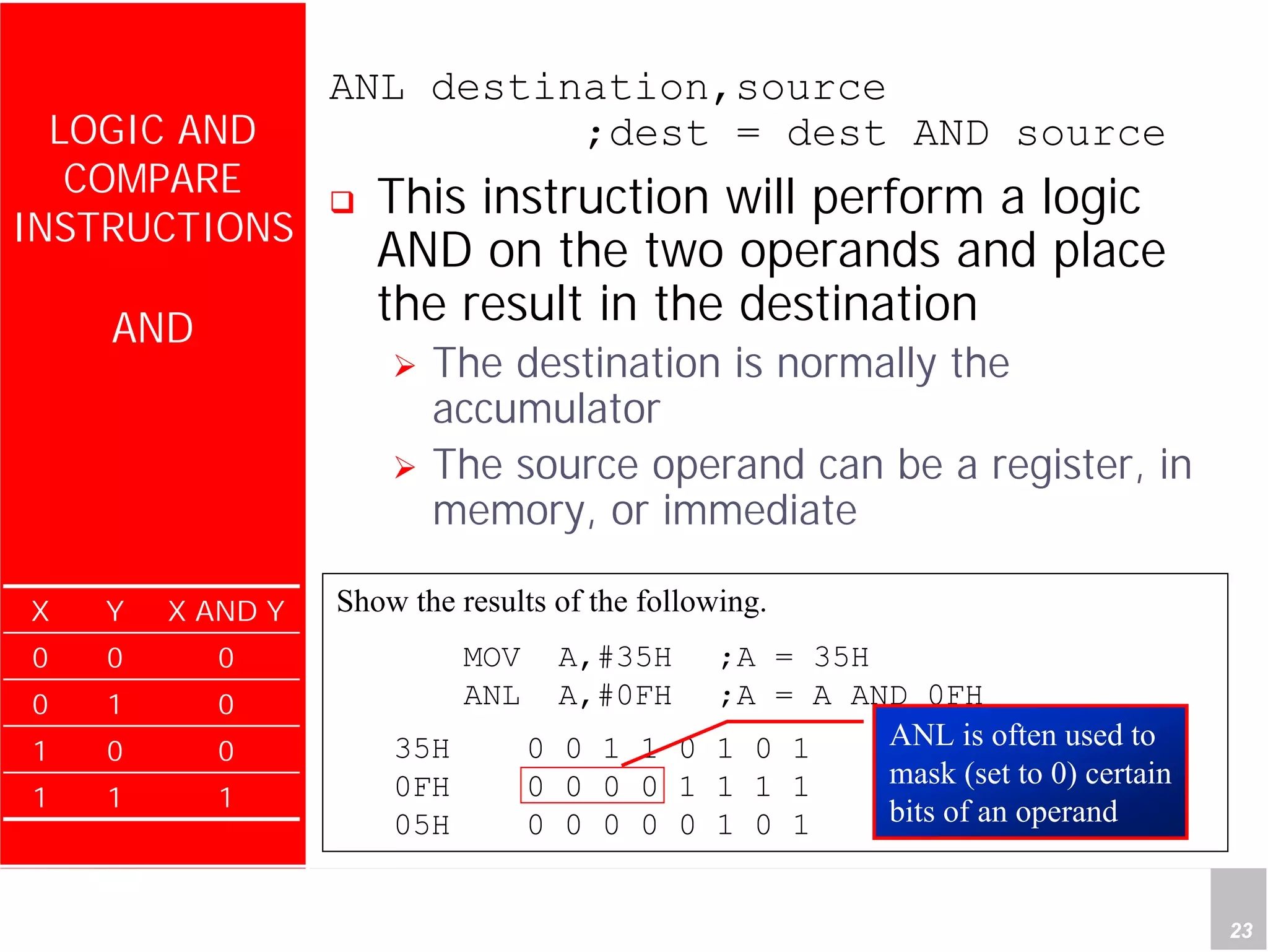 Department of Computer Science and Information Engineering
National Cheng Kung University, TAIWAN 23
HANEL
LOGIC AND
COMPARE
INSTRUCTIONS
AND
ANL destination,source
;dest = dest AND source
This instruction will perform a logic
AND on the two operands and place
the result in the destination
The destination is normally the
accumulator
The source operand can be a register, in
memory, or immediate
X Y X AND Y
0 0 0
0 1 0
1 0 0
1 1 1
Show the results of the following.
MOV A,#35H ;A = 35H
ANL A,#0FH ;A = A AND 0FH
35H 0 0 1 1 0 1 0 1
0FH 0 0 0 0 1 1 1 1
05H 0 0 0 0 0 1 0 1
ANL is often used to
mask (set to 0) certain
bits of an operand
 