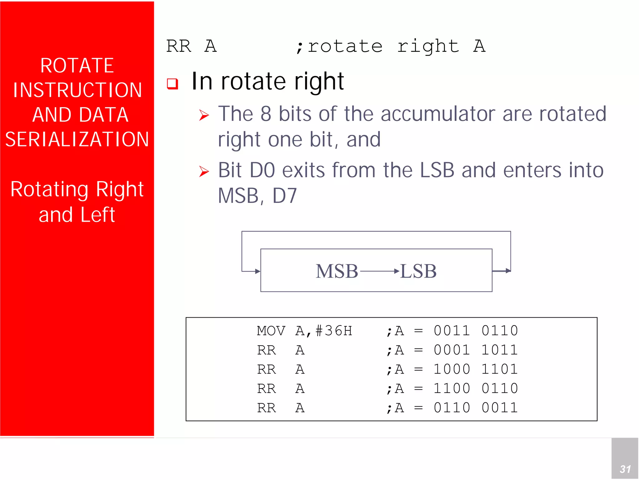 Department of Computer Science and Information Engineering
National Cheng Kung University, TAIWAN 31
HANEL
ROTATE
INSTRUCTION
AND DATA
SERIALIZATION
Rotating Right
and Left
RR A ;rotate right A
In rotate right
The 8 bits of the accumulator are rotated
right one bit, and
Bit D0 exits from the LSB and enters into
MSB, D7
MSB LSB
MOV A,#36H ;A = 0011 0110
RR A ;A = 0001 1011
RR A ;A = 1000 1101
RR A ;A = 1100 0110
RR A ;A = 0110 0011
 