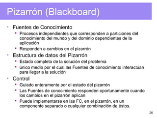 26
Pizarrón (Blackboard)
• Fuentes de Conocimiento
 Procesos independientes que corresponden a particiones del
conocimiento del mundo y del dominio dependientes de la
aplicación
 Responden a cambios en el pizarrón
• Estructura de datos del Pizarrón
 Estado completo de la solución del problema
 único medio por el cual las Fuentes de conocimiento interactúan
para llegar a la solución
• Control
 Guiado enteramente por el estado del pizarrón
 Las Fuentes de conocimiento responden oportunamente cuando
los cambios en el pizarrón aplican
 Puede implementarse en las FC, en el pizarrón, en un
componente separado o cualquier combinación de éstos.
 
