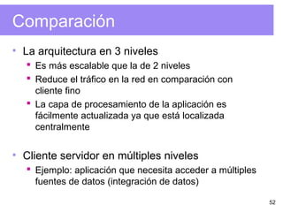 52
Comparación
• La arquitectura en 3 niveles
 Es más escalable que la de 2 niveles
 Reduce el tráfico en la red en comparación con
cliente fino
 La capa de procesamiento de la aplicación es
fácilmente actualizada ya que está localizada
centralmente
• Cliente servidor en múltiples niveles
 Ejemplo: aplicación que necesita acceder a múltiples
fuentes de datos (integración de datos)
 
