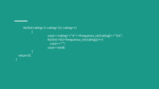 for(int rating=1; rating<11; rating++)
{
cout<<rating<<"t"<<frequency_ctr[rating]<<"tt";
for(int i=0;i<frequency_ctr[rating];i++)
cout<<"*";
cout<<endl;
}
return 0;
}
 
