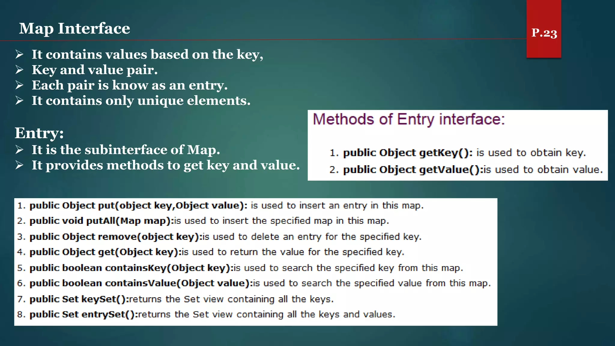 Map Interface P.23
 It contains values based on the key,
 Key and value pair.
 Each pair is know as an entry.
 It contains only unique elements.
Entry:
 It is the subinterface of Map.
 It provides methods to get key and value.
 