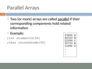 Parallel Arrays
24
 Two (or more) arrays are called parallel if their
corresponding components hold related
information
 Example:
int studentId[50]
;
char courseGrade[50]
;
 