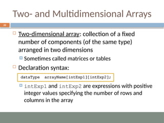 Two- and Multidimensional Arrays
25
 Two-dimensional array: collection of a fixed
number of components (of the same type)
arranged in two dimensions
 Sometimes called matrices or tables
 Declaration syntax:
 intExp1 and intExp2 are expressions with positive
integer values specifying the number of rows and
columns in the array
 