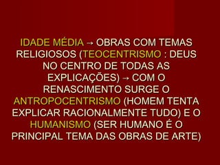 IDADE MÉDIA → OBRAS COM TEMAS
 RELIGIOSOS (TEOCENTRISMO : DEUS
      NO CENTRO DE TODAS AS
       EXPLICAÇÕES) → COM O
      RENASCIMENTO SURGE O
ANTROPOCENTRISMO (HOMEM TENTA
EXPLICAR RACIONALMENTE TUDO) E O
    HUMANISMO (SER HUMANO É O
PRINCIPAL TEMA DAS OBRAS DE ARTE)
 