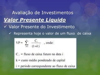 Taxa Interna de Retorno (TIR);Avaliação de InvestimentosValor Presente LiquidoMais recomendado por especialistas;