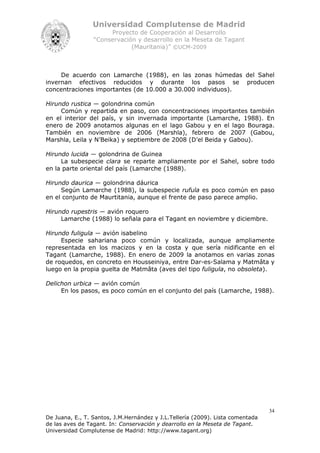 Universidad Complutense de Madrid
                      Proyecto de Cooperación al Desarrollo
                 “Conservación y desarrollo en la Meseta de Tagant
                             (Mauritania)” ©UCM-2009



     De acuerdo con Lamarche (1988), en las zonas húmedas del Sahel
invernan efectivos reducidos y durante los pasos se producen
concentraciones importantes (de 10.000 a 30.000 individuos).

Hirundo rustica ― golondrina común
     Común y repartida en paso, con concentraciones importantes también
en el interior del país, y sin invernada importante (Lamarche, 1988). En
enero de 2009 anotamos algunas en el lago Gabou y en el lago Bouraga.
También en noviembre de 2006 (Marshla), febrero de 2007 (Gabou,
Marshla, Leila y N’Beika) y septiembre de 2008 (D’el Beida y Gabou).

Hirundo lucida ― golondrina de Guinea
     La subespecie clara se reparte ampliamente por el Sahel, sobre todo
en la parte oriental del país (Lamarche (1988).

Hirundo daurica ― golondrina dáurica
     Según Lamarche (1988), la subespecie rufula es poco común en paso
en el conjunto de Maurtitania, aunque el frente de paso parece amplio.

Hirundo rupestris ― avión roquero
     Lamarche (1988) lo señala para el Tagant en noviembre y diciembre.

Hirundo fuligula ― avión isabelino
     Especie sahariana poco común y localizada, aunque ampliamente
representada en los macizos y en la costa y que sería nidificante en el
Tagant (Lamarche, 1988). En enero de 2009 la anotamos en varias zonas
de roquedos, en concreto en Housseiniya, entre Dar-es-Salama y Matmâta y
luego en la propia guelta de Matmâta (aves del tipo fuligula, no obsoleta).

Delichon urbica ― avión común
     En los pasos, es poco común en el conjunto del país (Lamarche, 1988).




                                                                                34
De Juana, E., T. Santos, J.M.Hernández y J.L.Tellería (2009). Lista comentada
de las aves de Tagant. In: Conservación y dearrollo en la Meseta de Tagant.
Universidad Complutense de Madrid: http://www.tagant.org)
 